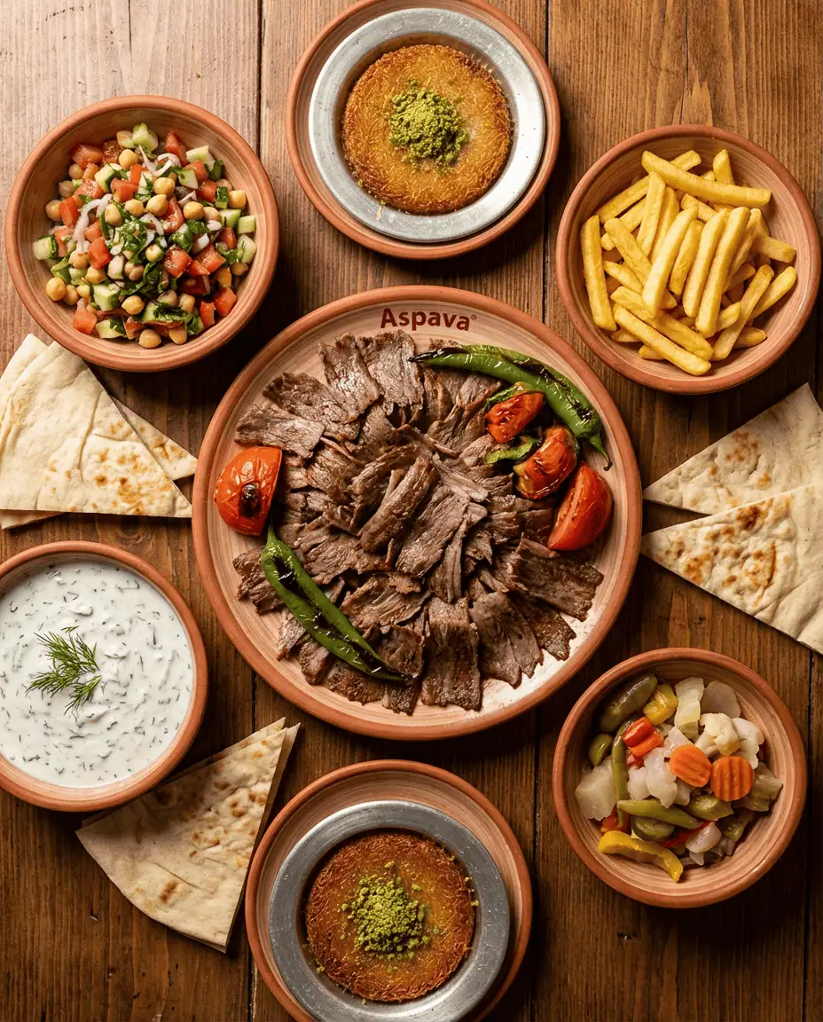 A top-down food photography shot of an "Aspava" feast, featuring a plate of döner kebab surrounded by small bowls of salad, fries, cacik, and dessert.