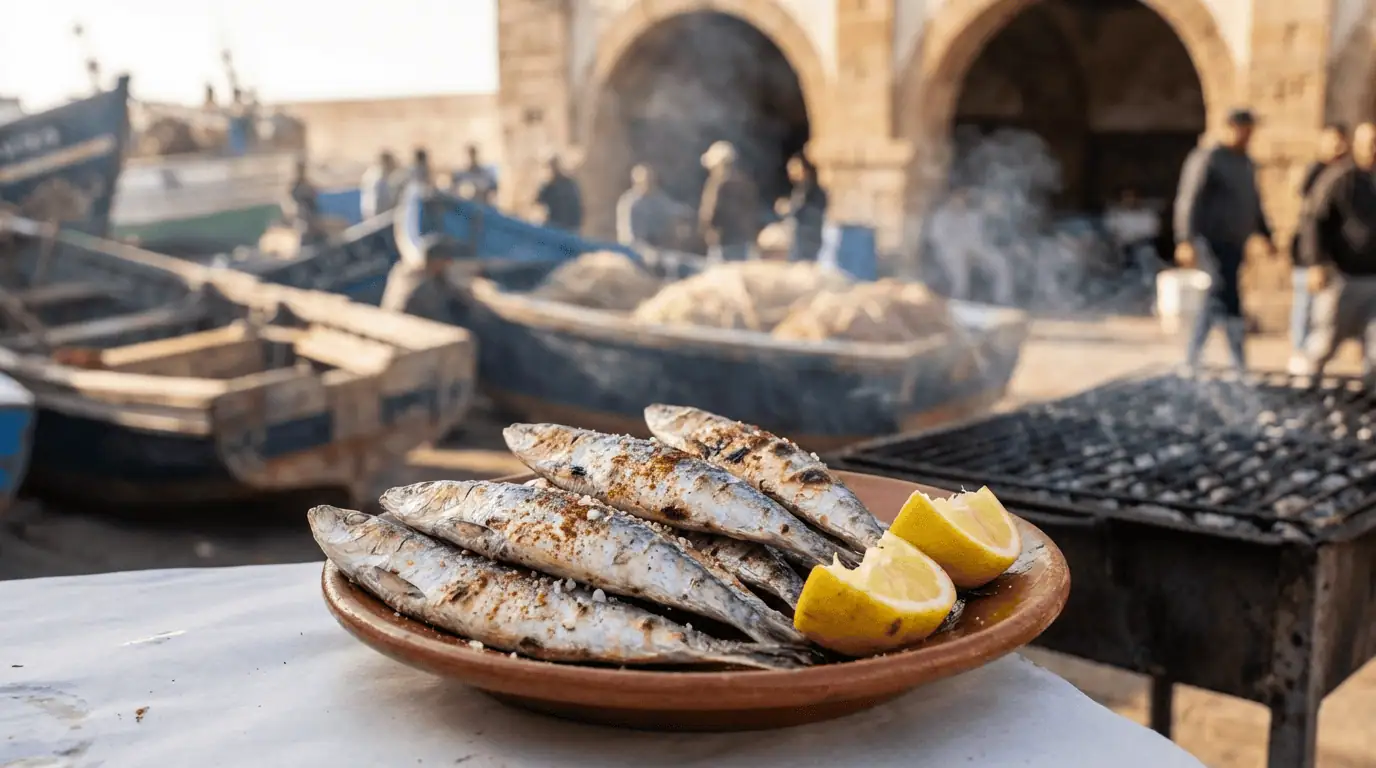 Fresh grilled sardines served on a plate at the outdoor food stalls in Essaouira's port