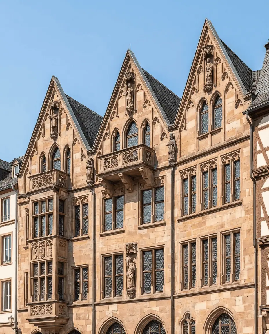 A detailed shot of the Römer City Hall facade, highlighting the three distinct gothic gables and the balcony where football teams and dignitaries wave to crowds.