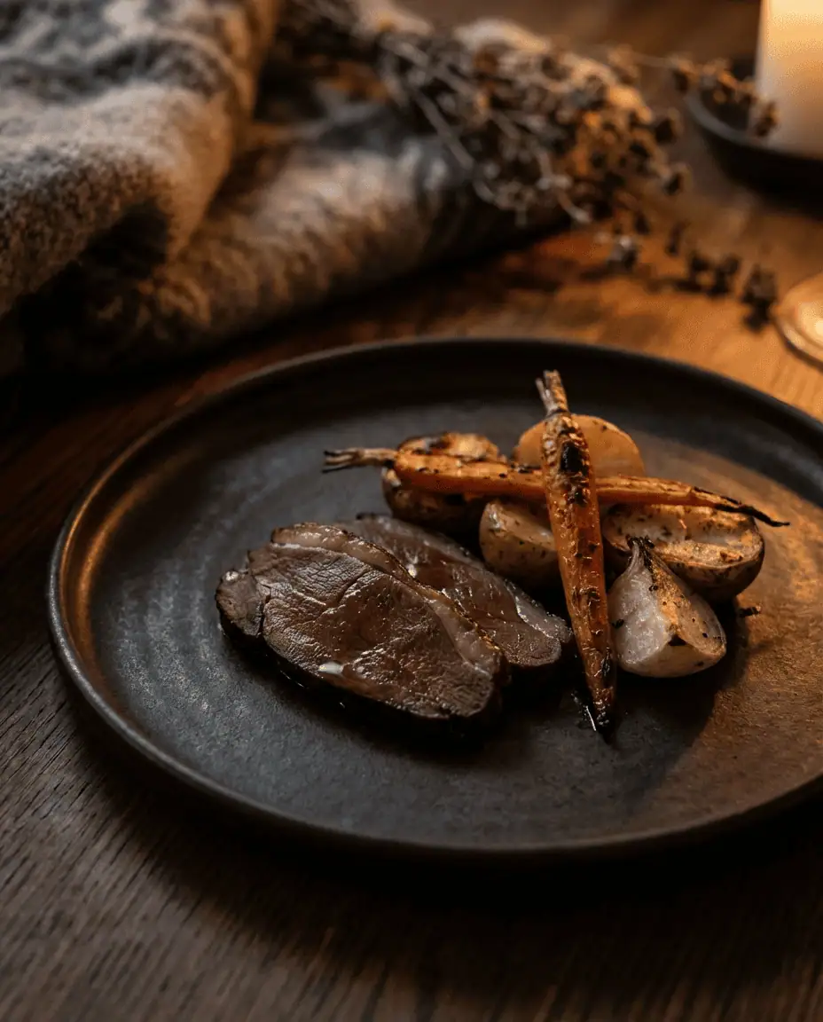 A high-end food photography shot of a traditional "Ræst" dish-fermented lamb served on a dark ceramic plate with root vegetables, highlighting the rustic texture and rich colors of New Nordic cuisine.