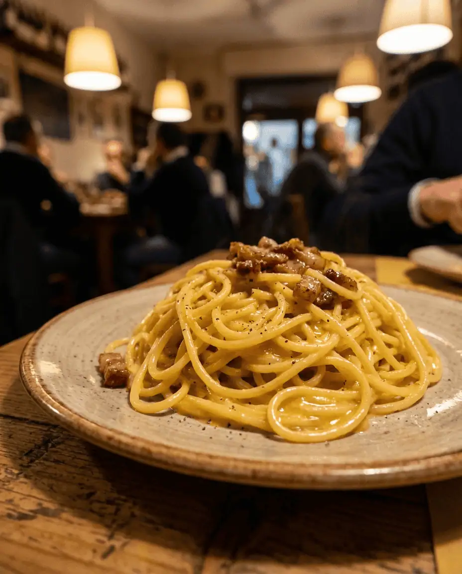 A macro shot of a creamy plate of Spaghetti Carbonara with crispy guanciale and black pepper, served on a rustic table in a cozy Monti trattoria
