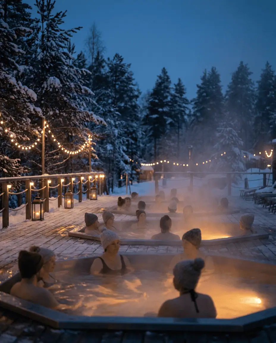 An atmospheric evening shot of the steaming outdoor pools at Thermëa spa, with guests relaxing in the warm water surrounded by pine trees and soft lighting.