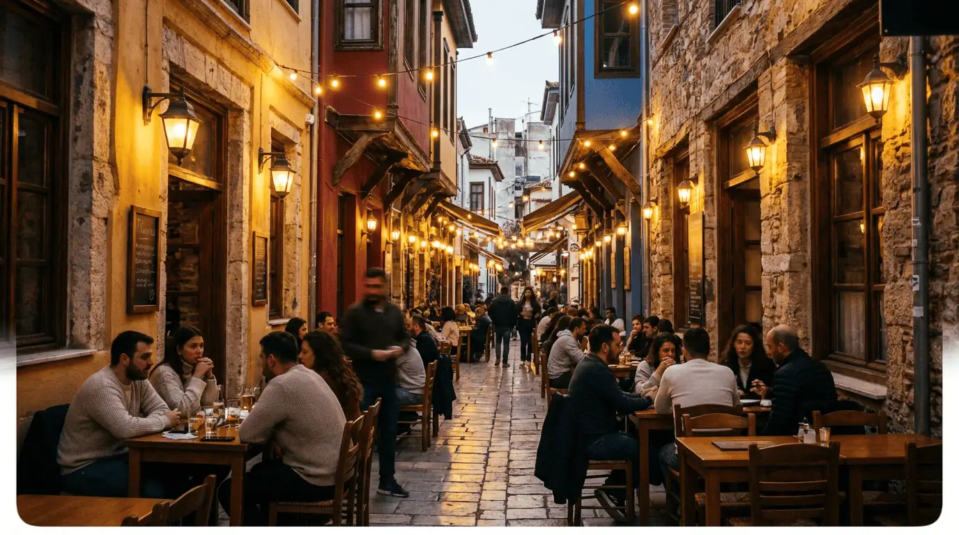 The colorful, paved streets of the Ladadika district bustling with outdoor taverna tables and evening lights.