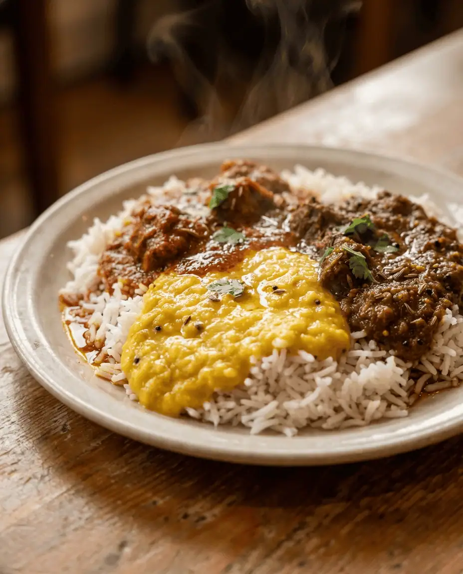 A mouth-watering close-up of a "Rice and Three" curry plate, featuring three distinct colorful curries over steaming white rice, served in a no-frills style