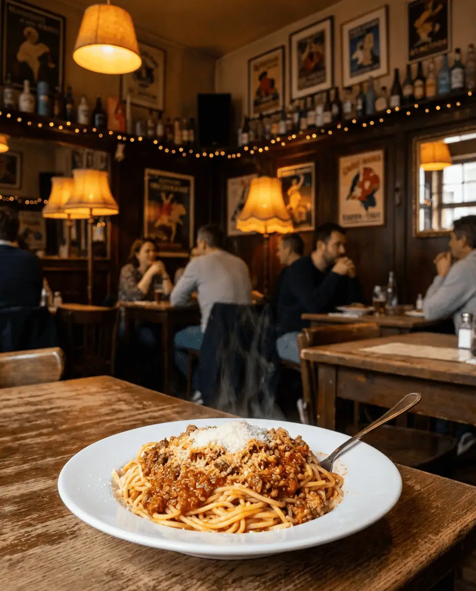An atmospheric shot inside the legendary Bolão restaurant in Santa Tereza, focusing on a steaming plate of their famous late-night spaghetti Bolognese served on a simple table surrounded by bohemian decor.