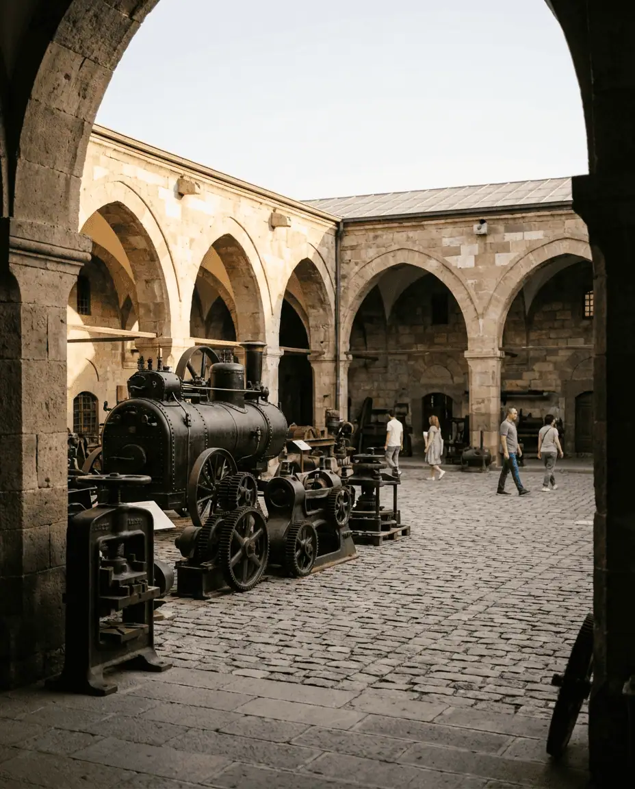 A peaceful shot of the courtyard of the Rahmi M. Koç Museum, featuring antique machinery displayed against the stone arches of the historic caravansarai.