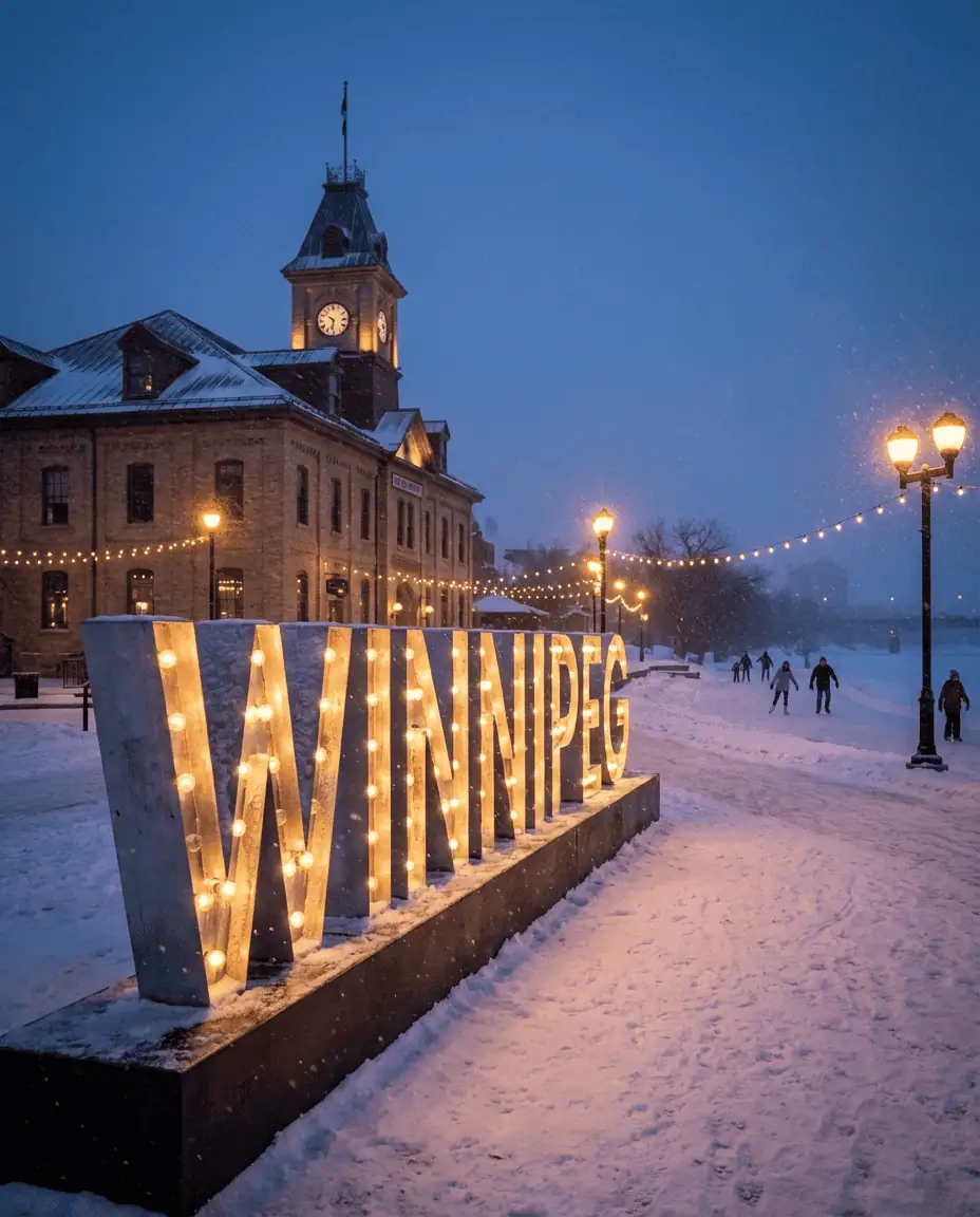 A snowy scene at The Forks, with the iconic "Winnipeg" sign illuminated in front of the historic market building, with skaters on the frozen river trail in the background.