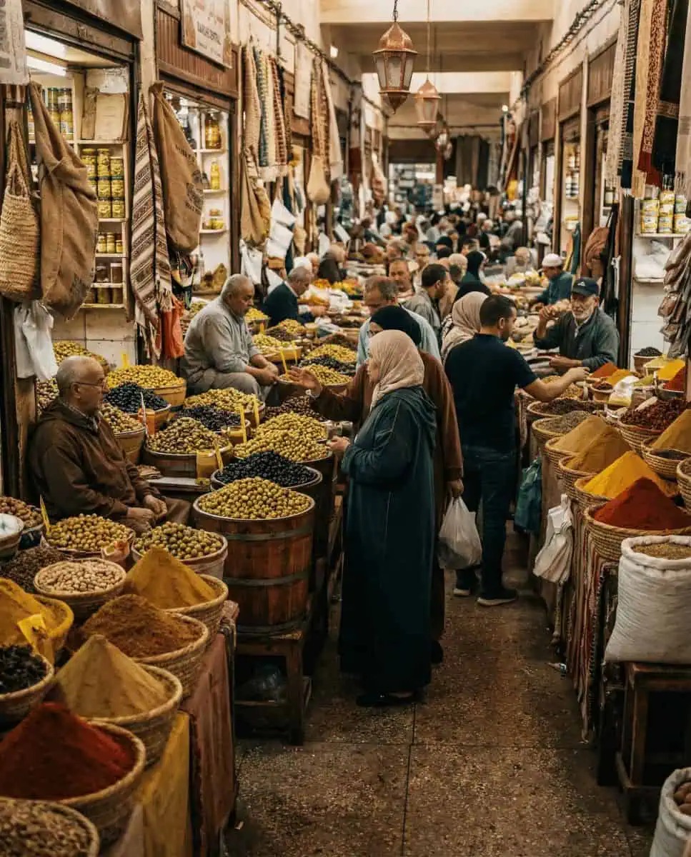 A colorful, chaotic scene inside the Central Market, filled with vendors sitting behind towering pyramids of green and black olives and vibrant spice mounds.