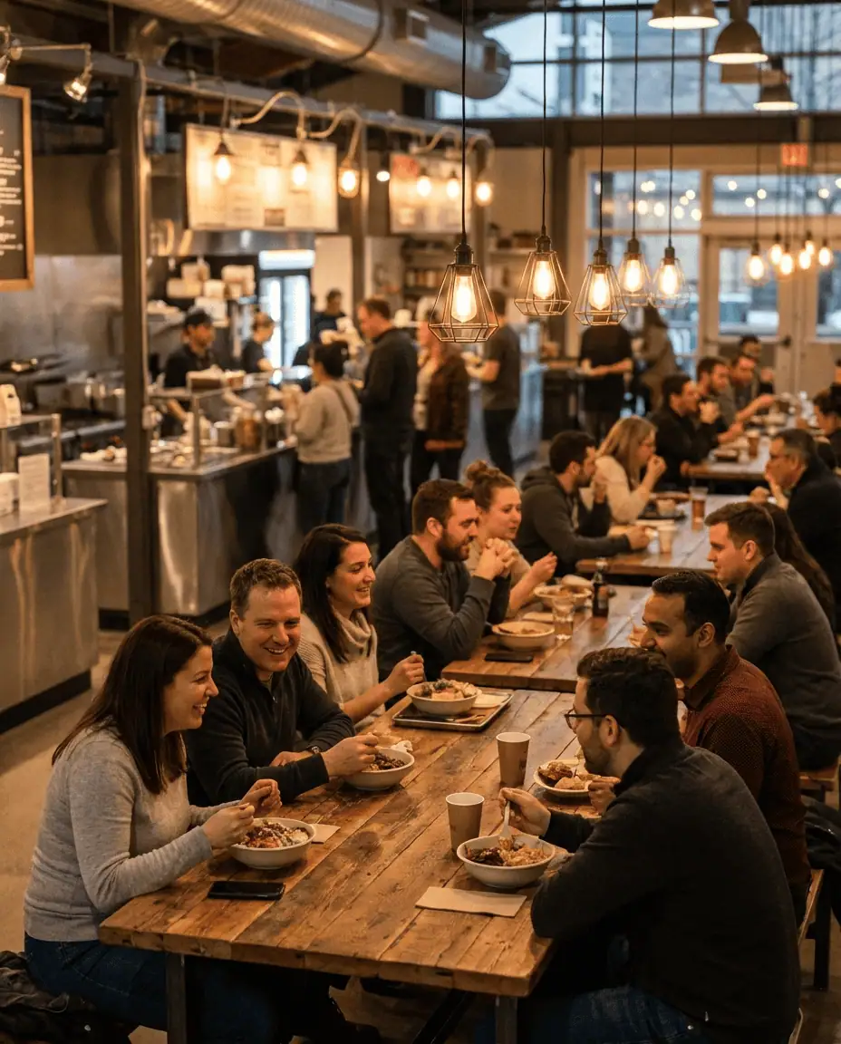 A lively interior shot of The Forks Market food hall, showing people dining at wooden tables under warm industrial lighting with various food stalls in the background.