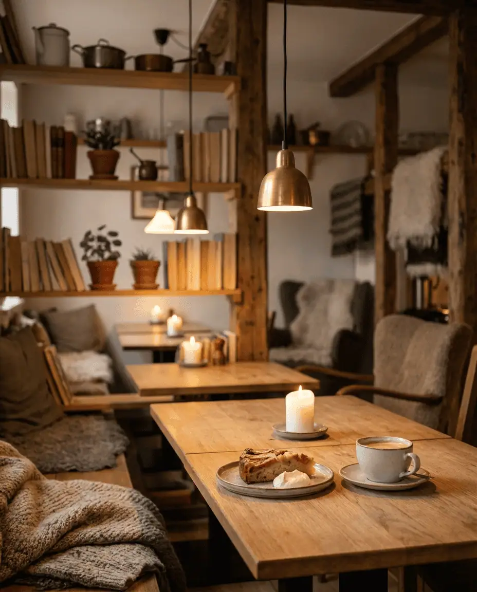 Interior shot of Paname Café, capturing the warm, cozy atmosphere with vintage books, soft lighting, and a slice of rhubarb cake on a wooden table