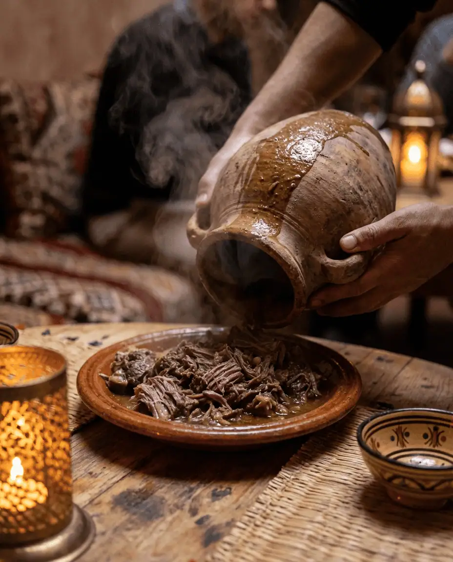 A rustic, close-up shot of a traditional Tanjia clay urn sitting on a wooden table, with tender, slow-cooked meat being poured out, steam rising in the warm, ambient light of a restaurant.