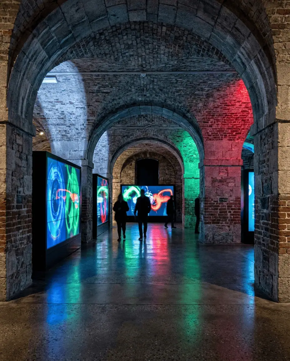 A modern, high-contrast shot inside the EPIC Museum's stone vaults, where vibrant interactive neon displays illuminate the historic brickwork of the docklands warehouse.