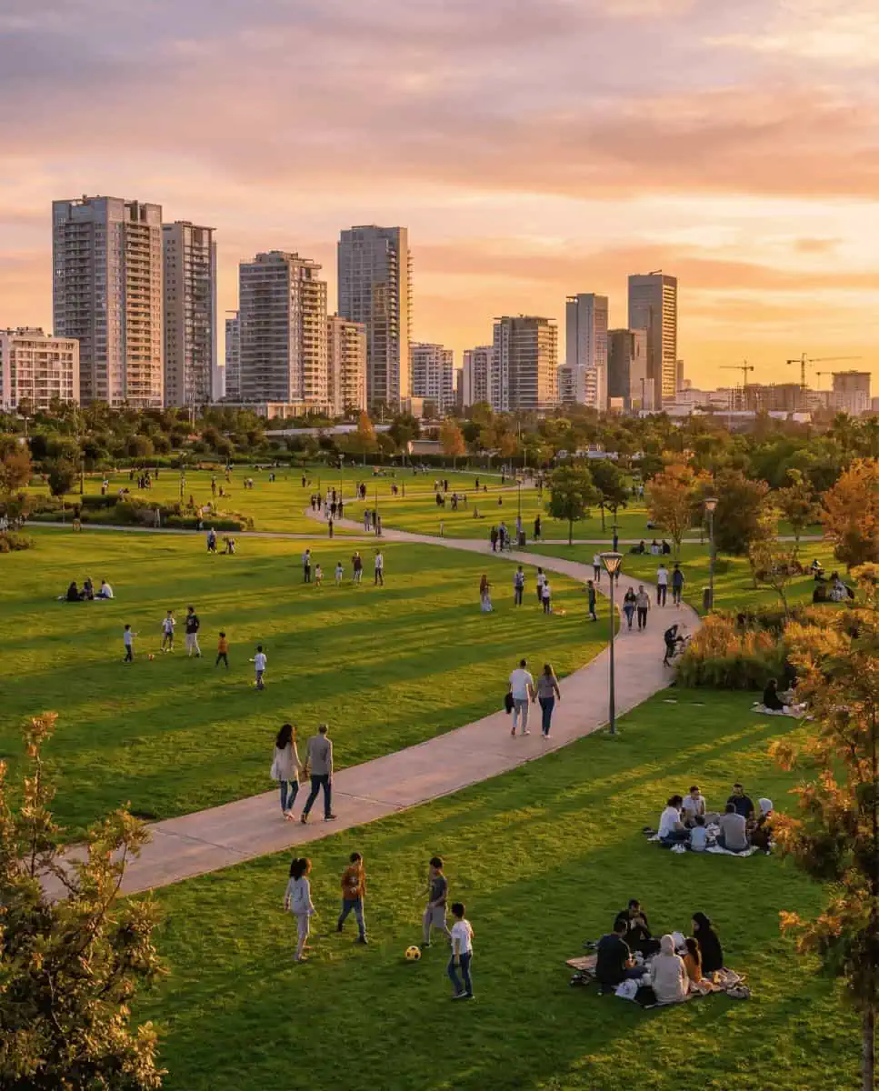 A wide view of the expansive, manicured lawns of Anfa Park at sunset, filled with locals relaxing, with modern high-rise residential towers in the background.