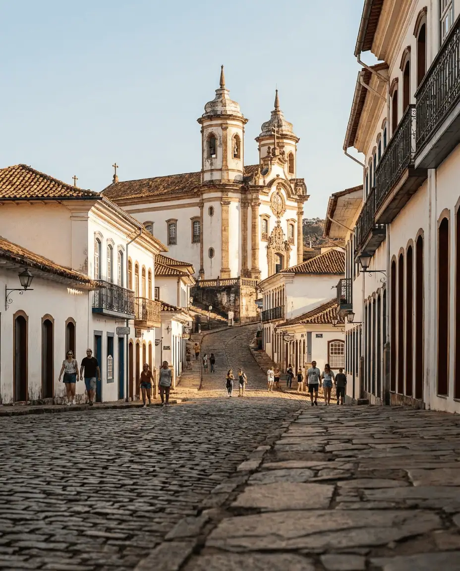 A steep cobblestone street in Ouro Preto, leading up to a majestic baroque church with white walls and soapstone carvings.