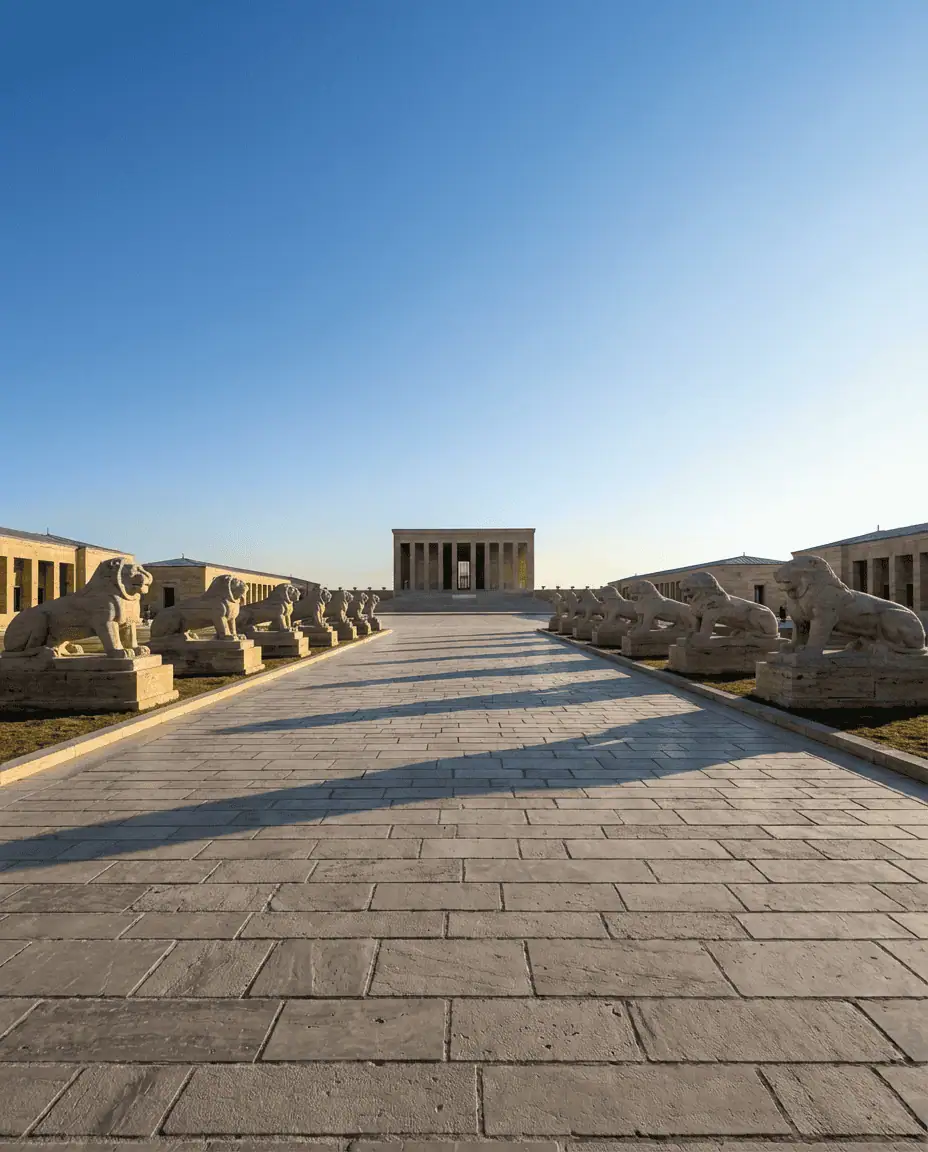 A symmetrical perspective shot down the Road of Lions at Anitkabir, leading the eye toward the massive mausoleum structure under a clear blue sky.