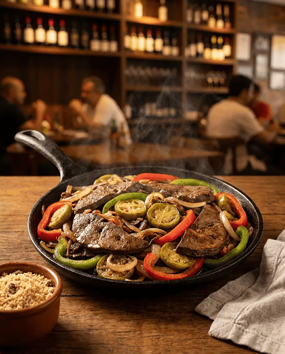 A close-up of the famous liver with jiló dish at Casa Cheia, steam rising from the iron skillet, showcasing the rich textures of the local cuisine.