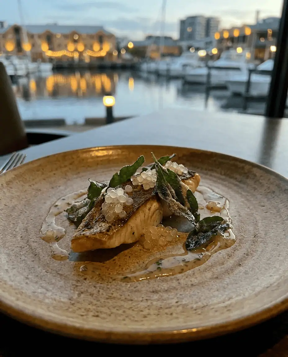 A beautifully plated dish at Midden restaurant featuring native Australian ingredients like finger lime and saltbush, with the harbor lights blurred in the background.