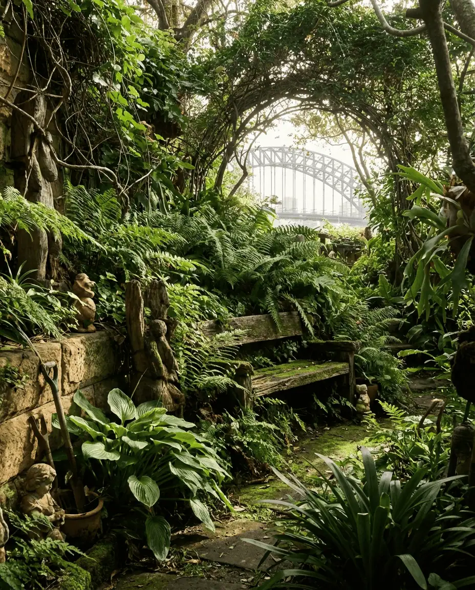 A lush, green shot inside Wendy's Secret Garden, featuring fern trees, sculptures, and a hidden bench with a framed view of the Harbour Bridge through the foliage.