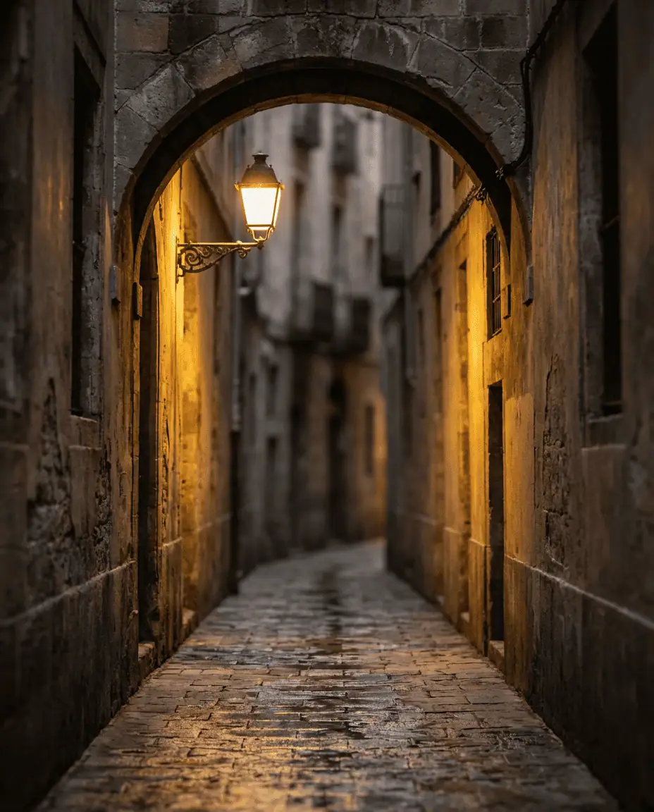 A moody, vertical shot of a narrow cobblestone alley in the Gothic Quarter, framed by a medieval archway and a solitary hanging lantern
