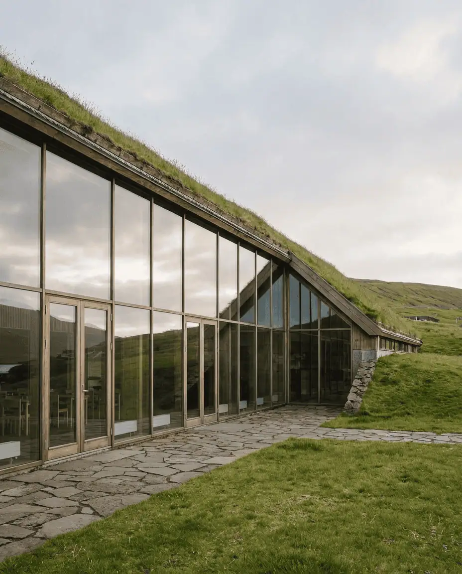 Exterior view of the Nordic House (Norðurlandahúsið), showcasing its unique modern architecture where the glass façade blends seamlessly with a traditional sod roof that merges into the hillside.