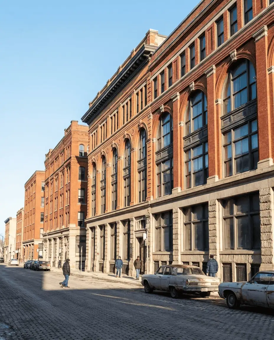 A street-level view of the Exchange District, showcasing the historic turn-of-the-century terracotta and brick warehouses against a blue sky.