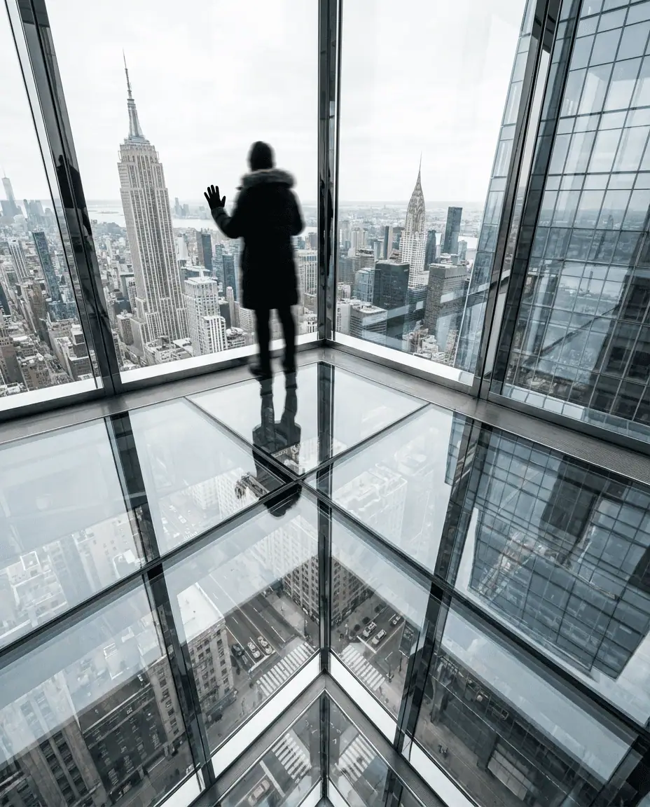 A futuristic interior shot of Summit One Vanderbilt, showing visitors standing on the glass floor with a dizzying view of Madison Avenue directly beneath their feet.