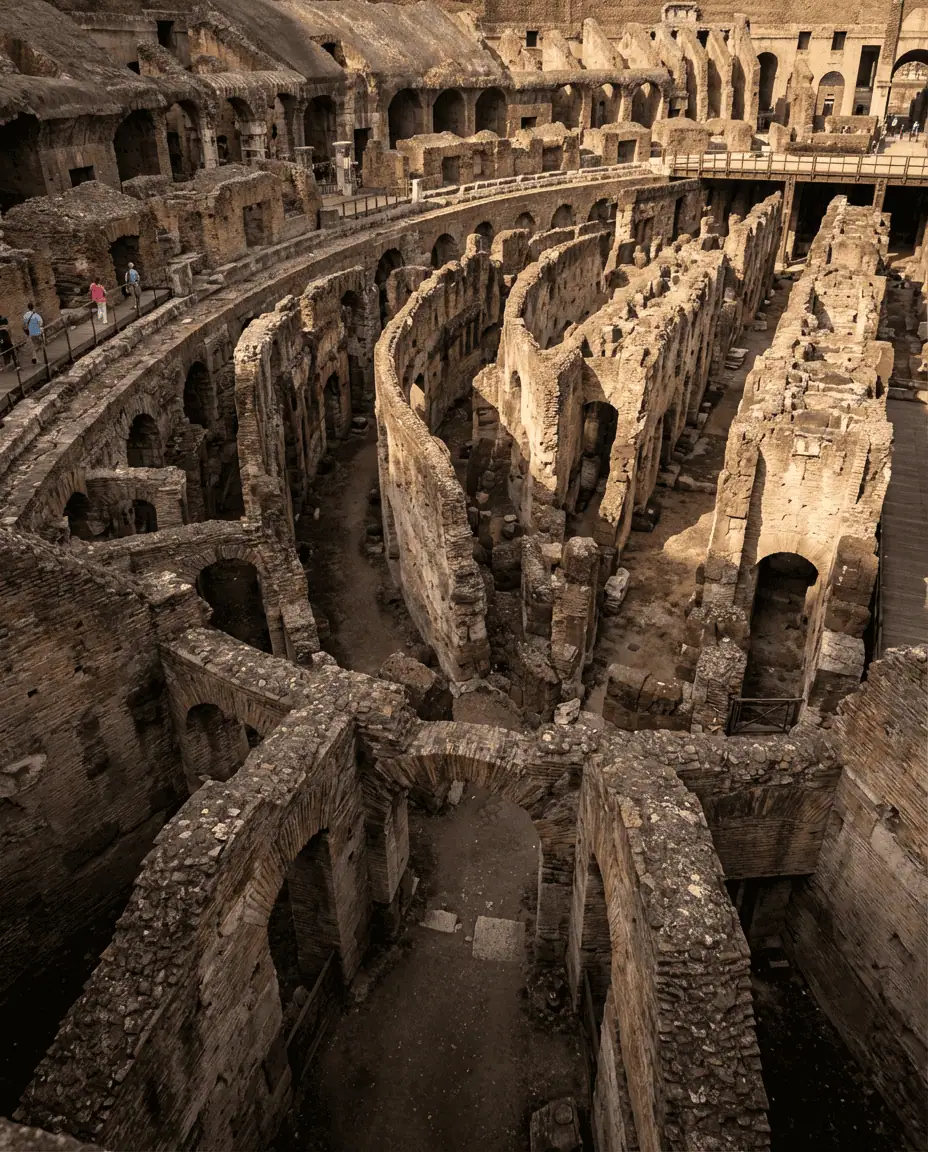 high-angle shot looking down into the hypogeum (underground tunnels) of the Colosseum, showing the intricate maze where gladiators once waited