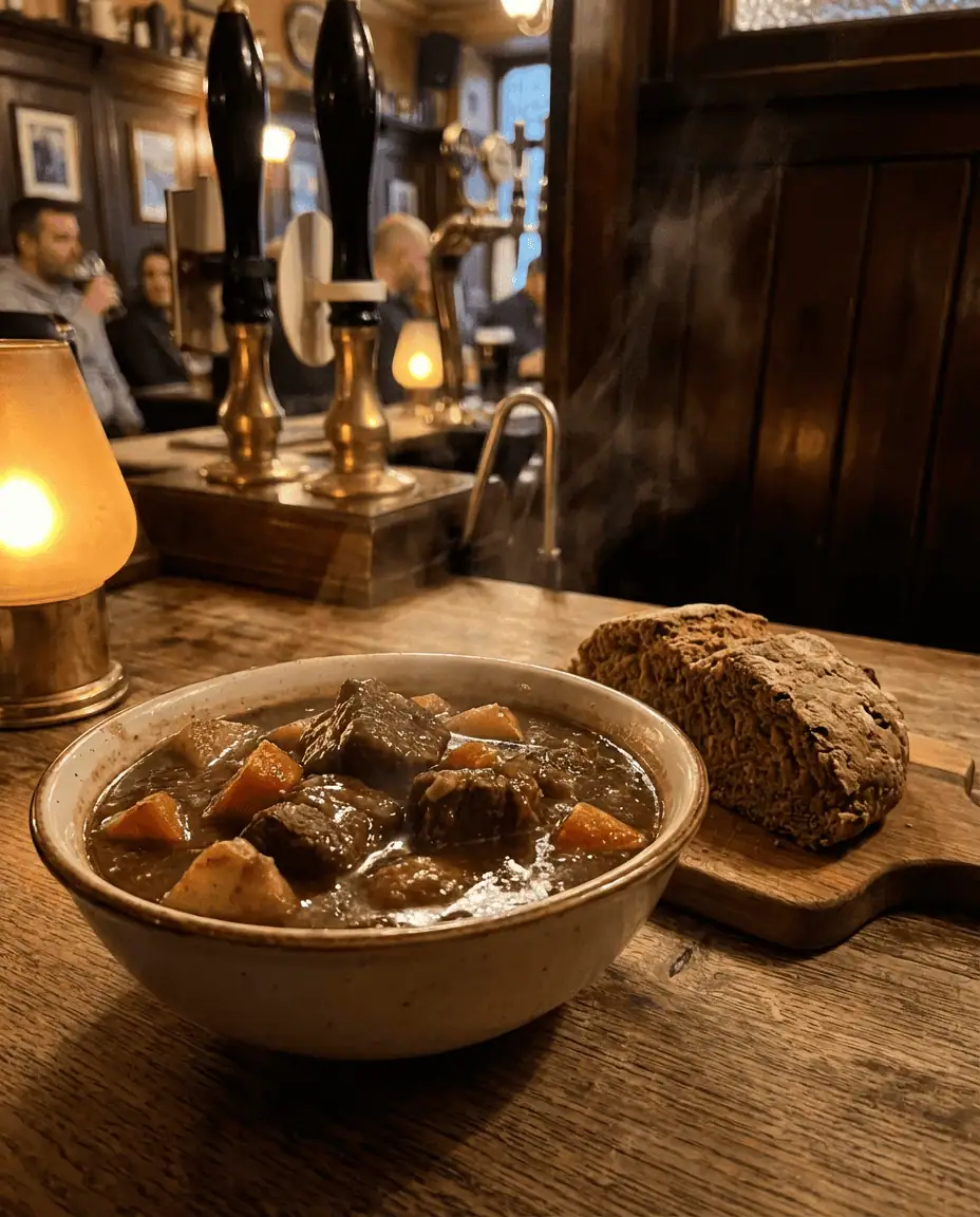 A warm, inviting close-up of a hearty bowl of beef and Guinness stew served with soda bread on a wooden table inside The Hairy Lemon pub.