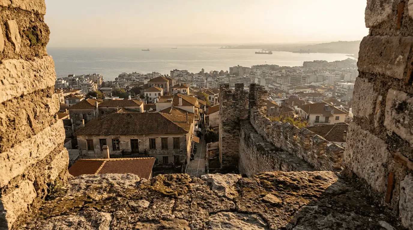 A panoramic view of Thessaloniki and the Thermaic Gulf seen from the Byzantine walls of Ano Poli