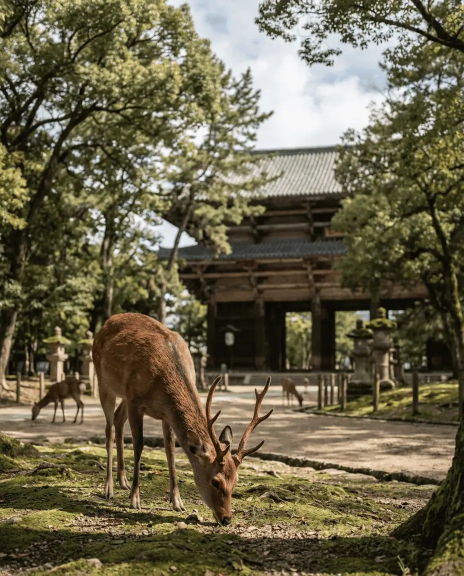 A peaceful shot of a wild deer bowing in Nara Park, with the massive wooden structure of Todai-ji Temple visible in the background among the trees.