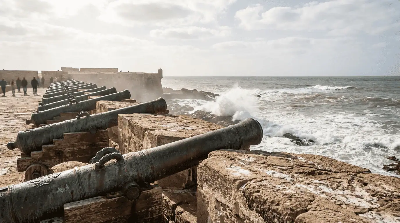 Bronze cannons lining the historic Skala de la Ville ramparts in Essaouira overlooking the Atlantic Ocean