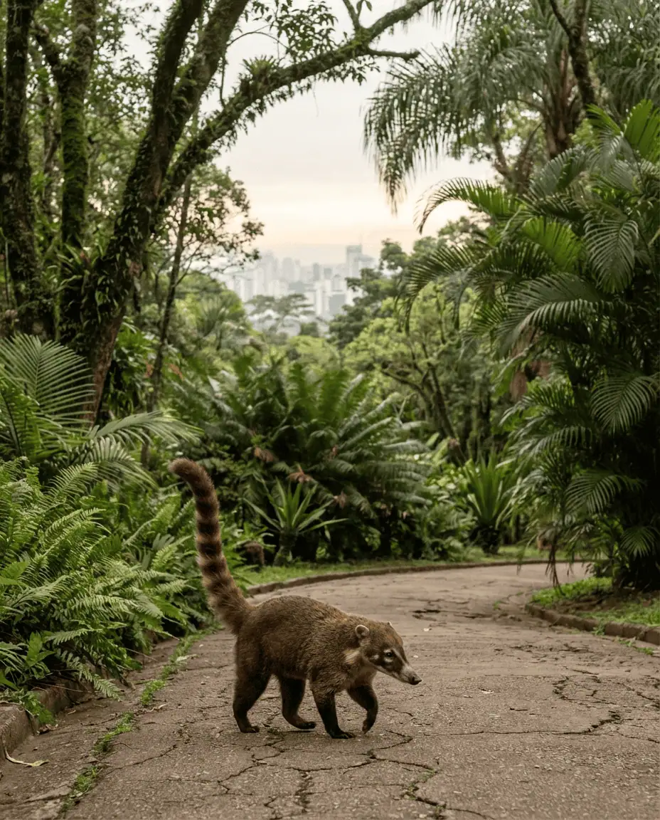 A playful shot of a coati walking along a path in Mangabeiras Park, with lush tropical vegetation and the city visible in the distance.