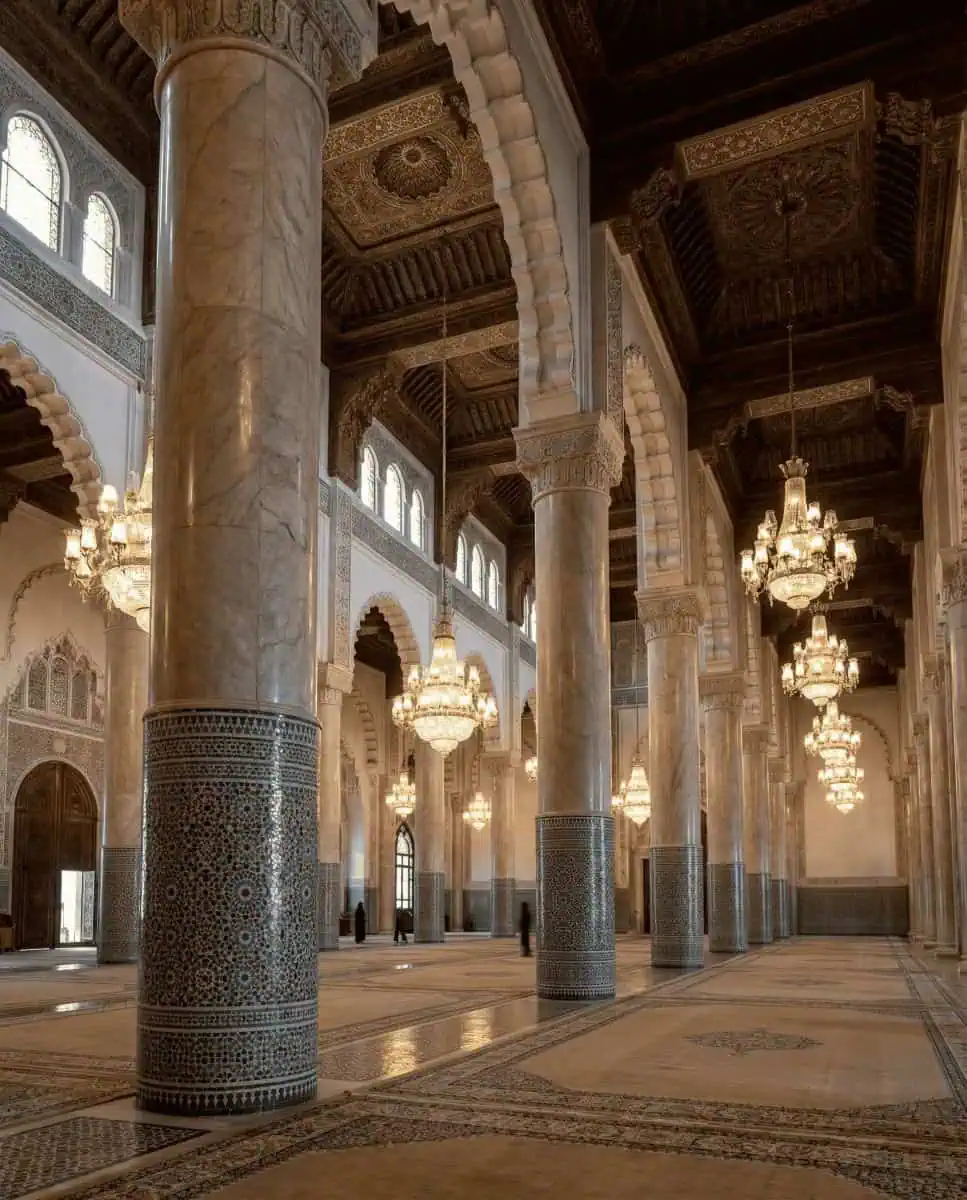 A breathtaking interior shot of the massive prayer hall inside the Hassan II Mosque, showcasing the intricate zellige tilework, carved cedar ceilings, and huge chandeliers.