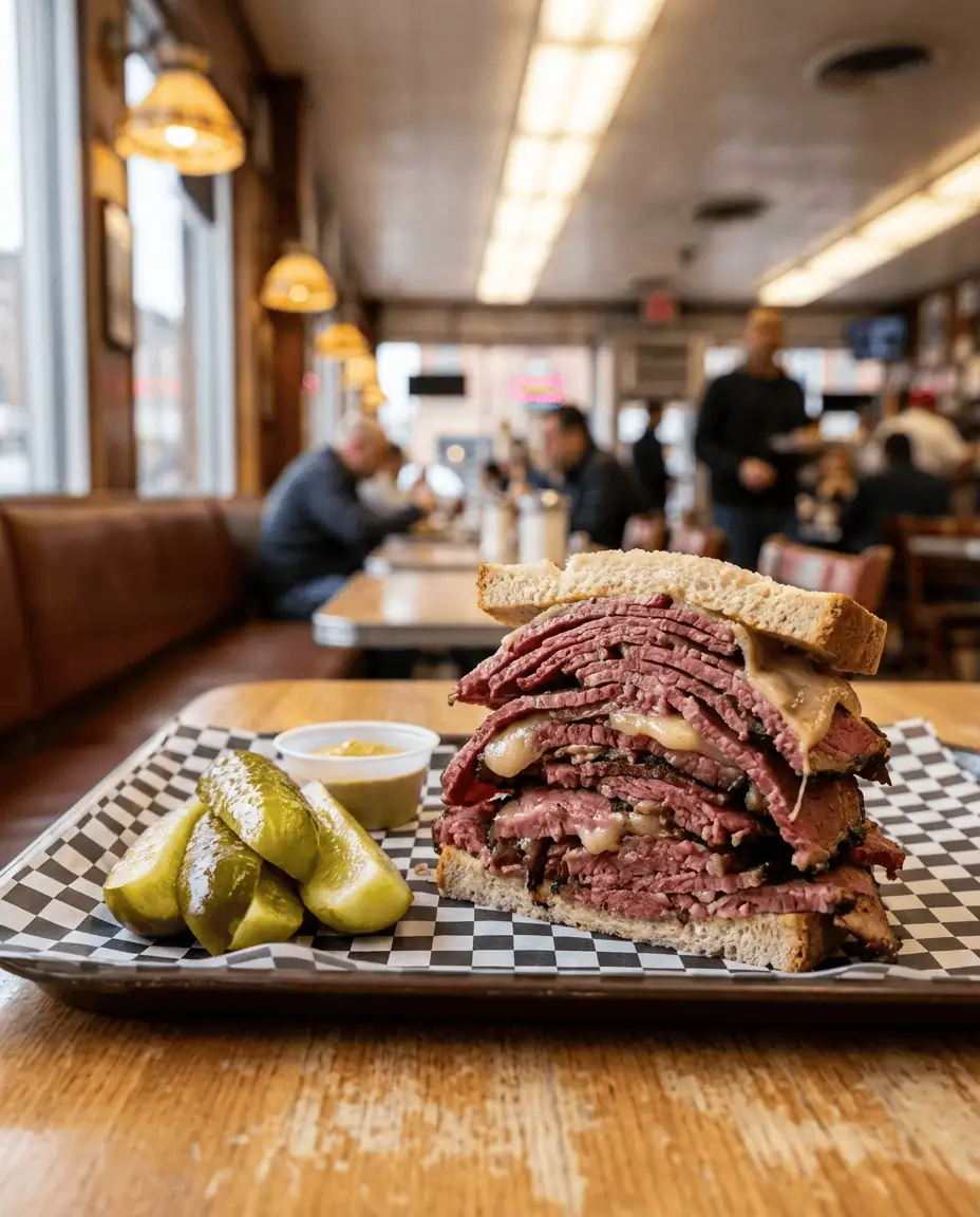 A mouth-watering macro shot of a massive pastrami sandwich on rye bread at Katz's Delicatessen, with a side of pickles and the busy dining hall blurred in the background
