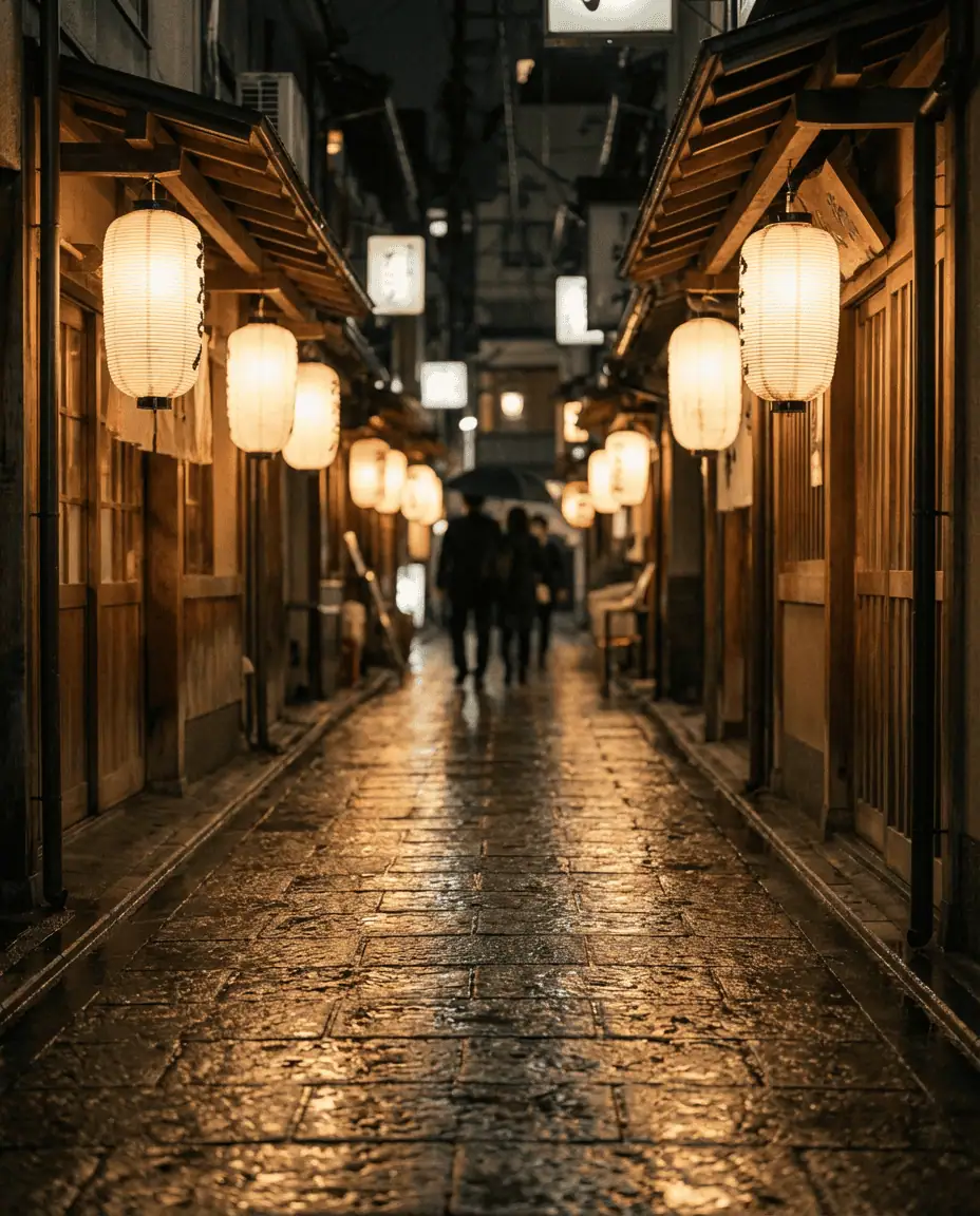 An atmospheric, narrow stone-paved alley in Hozenji Yokocho at night, lit by the warm glow of traditional paper lanterns hanging outside small wooden izakayas.