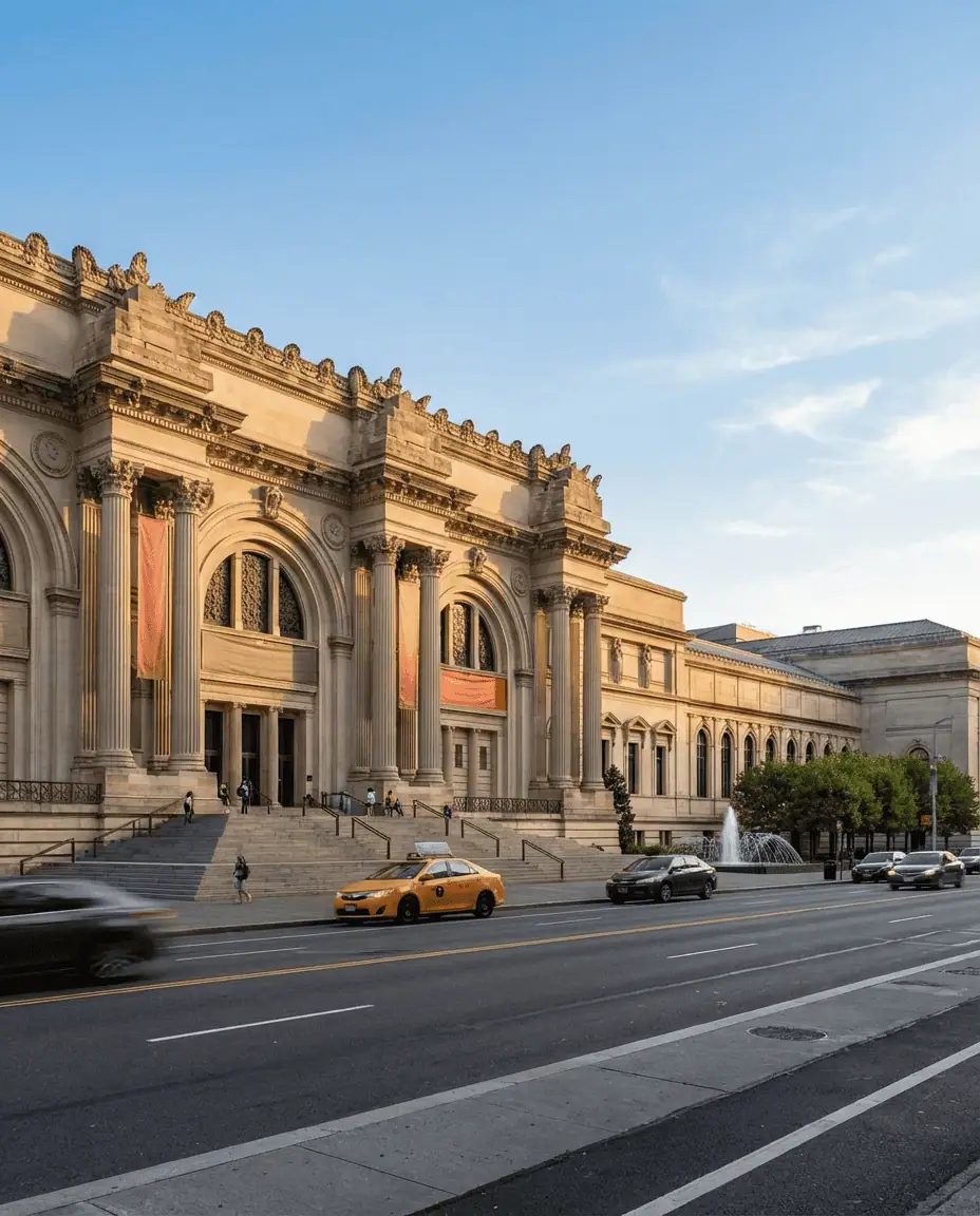 A lively exterior shot of The Metropolitan Museum of Art on Fifth Avenue, with people sitting on the iconic front steps and large banners for current exhibitions hanging between the majestic columns.
