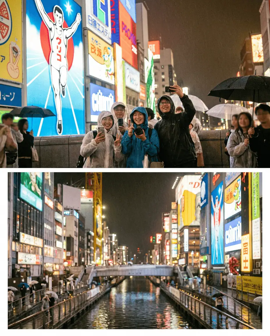 A lively street scene on the Ebisubashi Bridge at night, capturing tourists posing in front of the glowing Glico Man billboard and the neon-lit Dotonbori river.