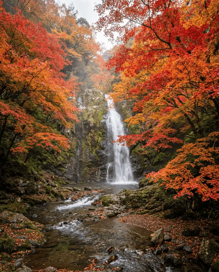 A scenic landscape shot of Minoo Waterfall cascading down a cliff face, surrounded by vibrant red and orange maple trees during the autumn season.