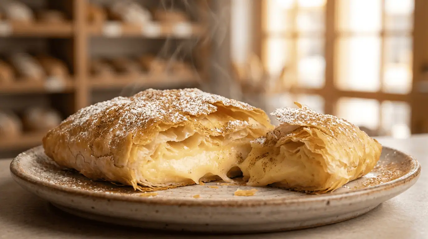 A close-up of a warm, flaky Bougatsa pastry filled with cream and dusted with cinnamon at a local bakery