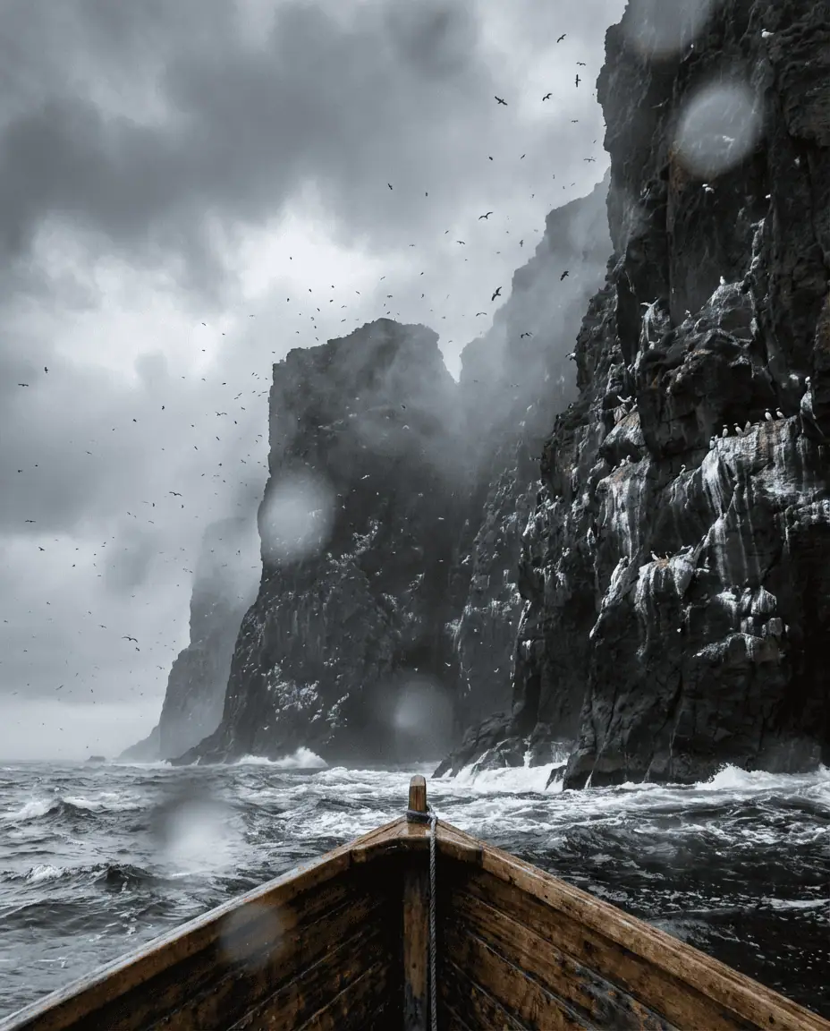 Dramatic shot from a small boat looking up at the towering vertical sea cliffs of Vestmanna, with sea birds circling in the mist
