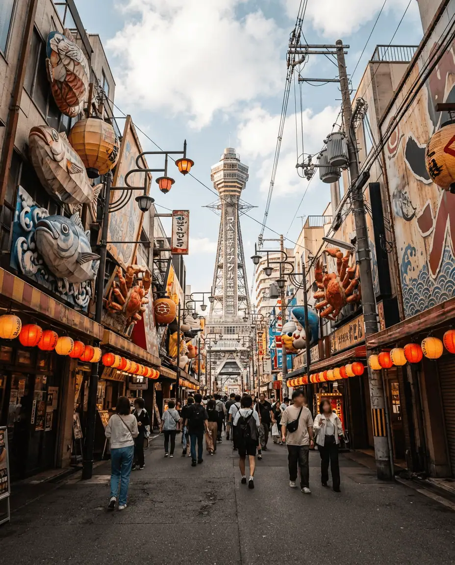 A colorful, retro street view of the Shinsekai district, with the Tsutenkaku Tower looming in the background behind oversized, 3D restaurant signage and colorful lanterns.
