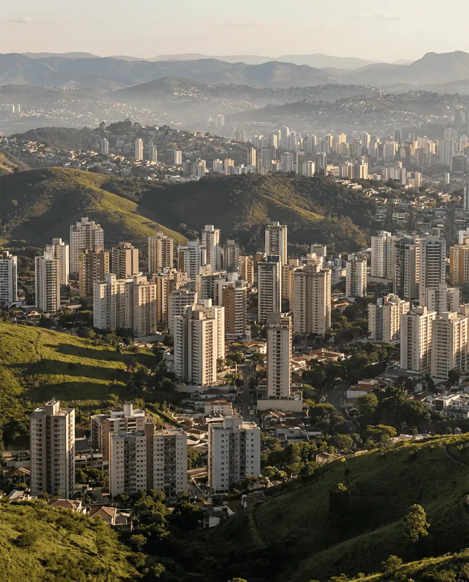 A panoramic view of the Belo Horizonte skyline nestled among rolling green hills, with the sun casting long shadows over the high-rise buildings.