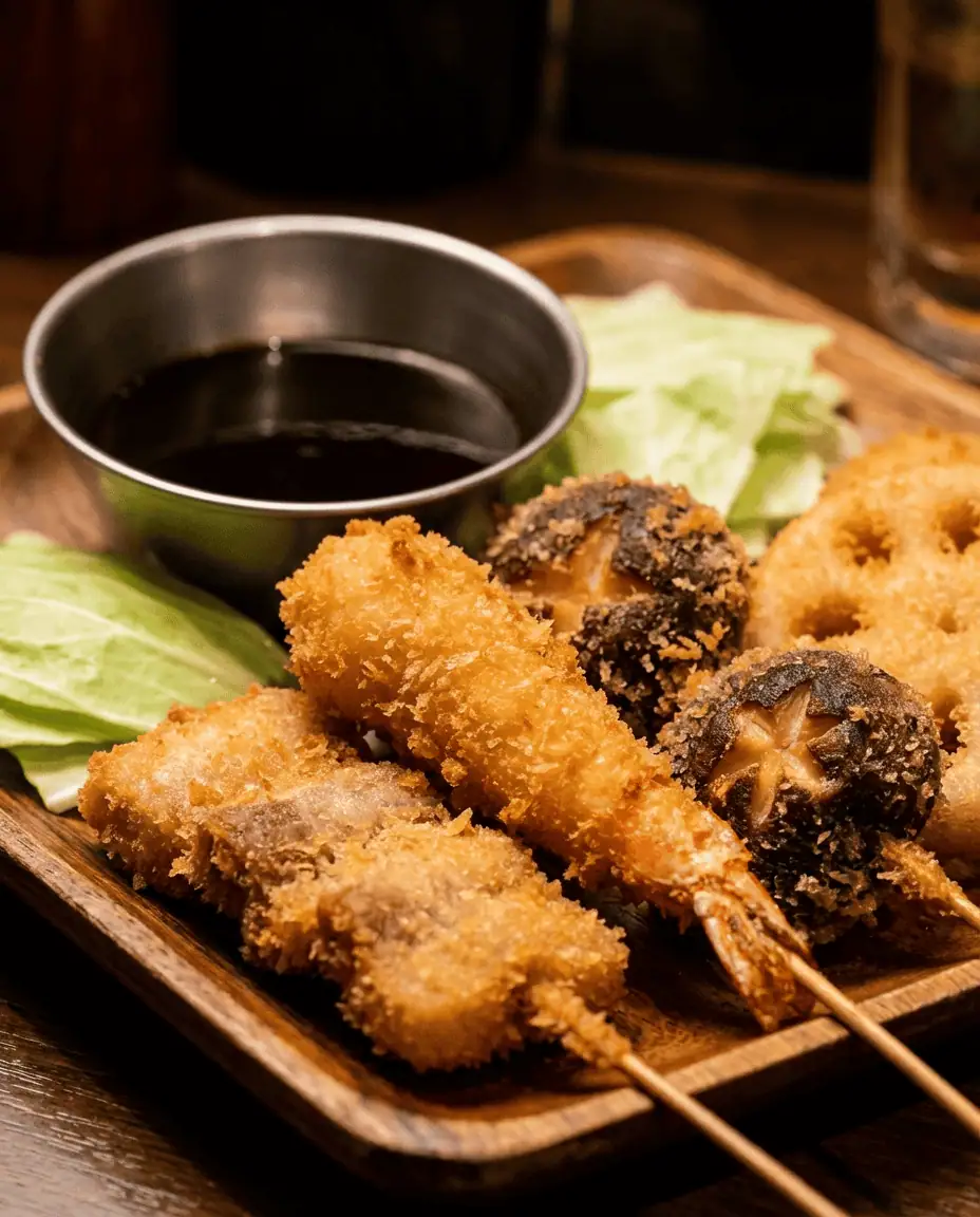 A mouth-watering macro shot of a tray of golden, crispy kushikatsu skewers (meat and vegetables) sitting next to a metal container of dark dipping sauce and fresh cabbage leaves.