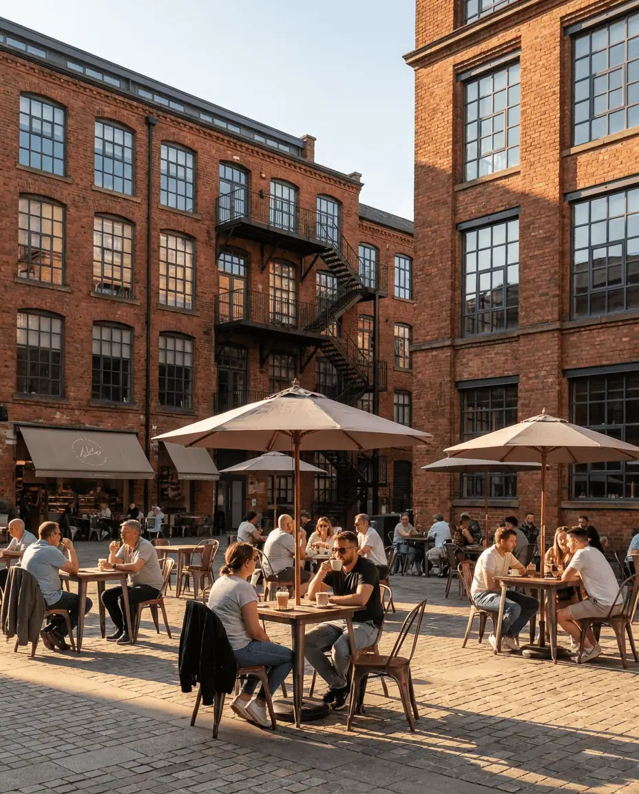 A sunny street-level view of Cutting Room Square in Ancoats, surrounded by towering restored red-brick cotton mills, with people enjoying coffee at outdoor tables near Pollen Bakery.