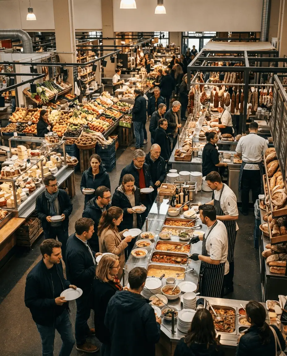 A bustling interior shot of the Kleinmarkthalle, filled with fresh produce, hanging sausages, and locals queuing at the Schreiber stall for a warm lunch.