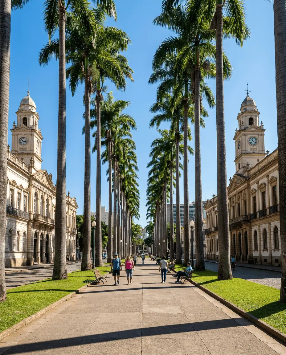 A vibrant eye-level shot of the palm-lined walkway in Praça da Liberdade, contrasting the historic government buildings with the blue Brazilian sky.