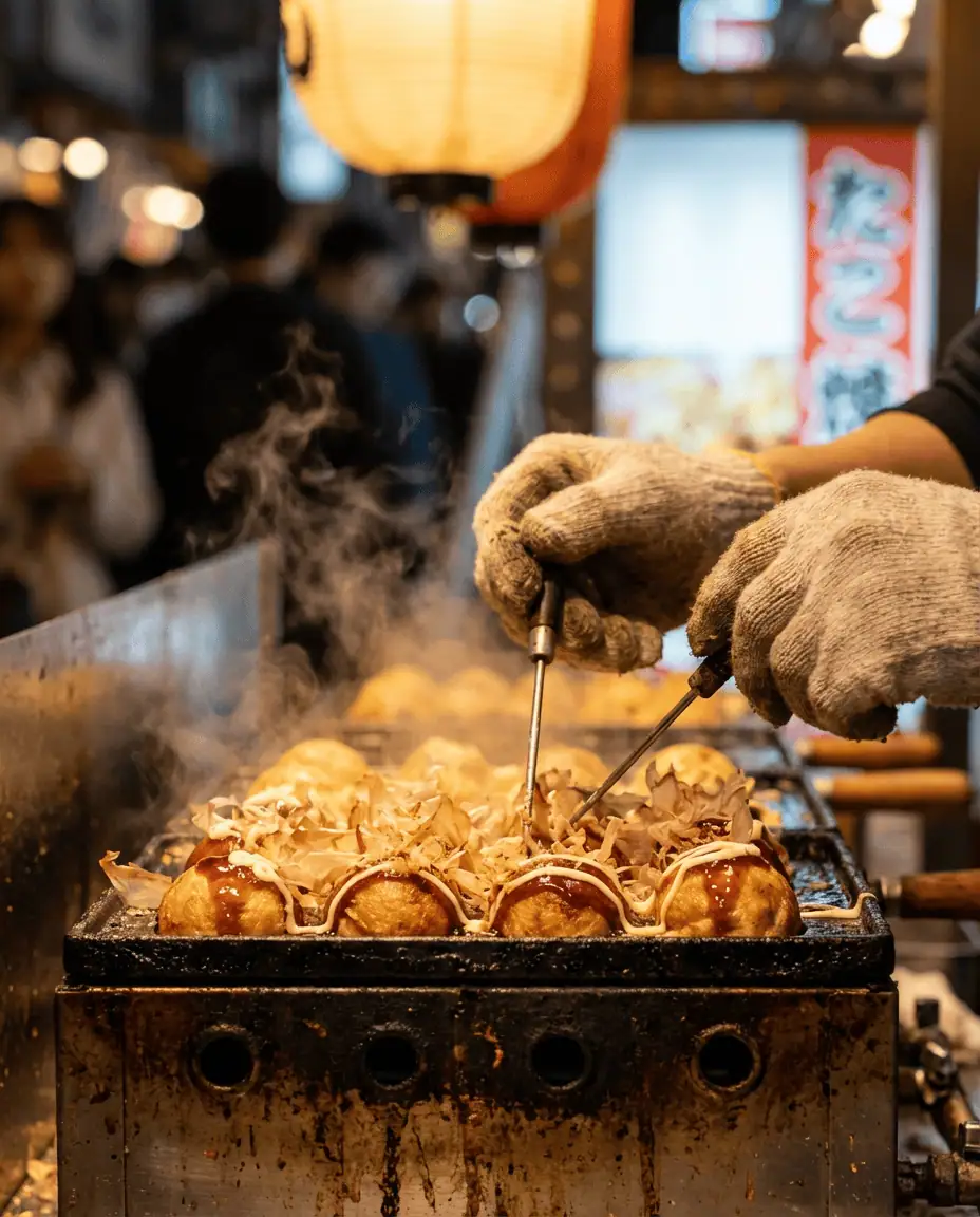 A close-up, steaming shot of a street vendor flipping golden-brown takoyaki balls in a cast-iron pan, garnished with dancing bonito flakes and rich brown sauce.