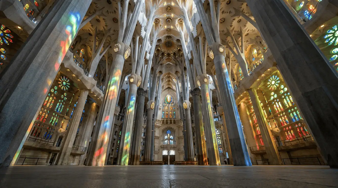 Low-angle shot of the Sagrada Família nave, capturing the "forest" of columns and the vibrant rainbow light streaming through the stained glass windows