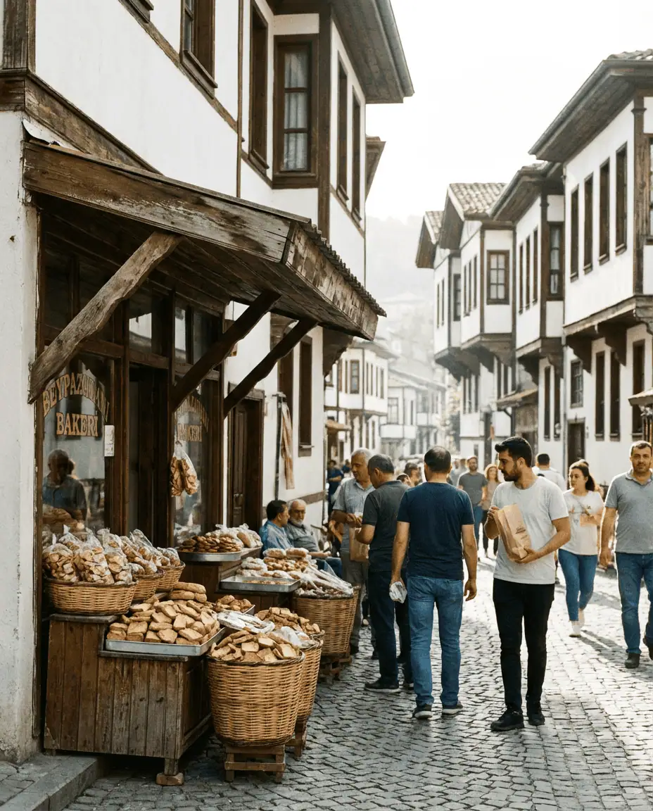A colorful street view in the town of Beypazarı, capturing the distinctive Ottoman architecture and a local bakery selling the famous dry rusks (kurusu).