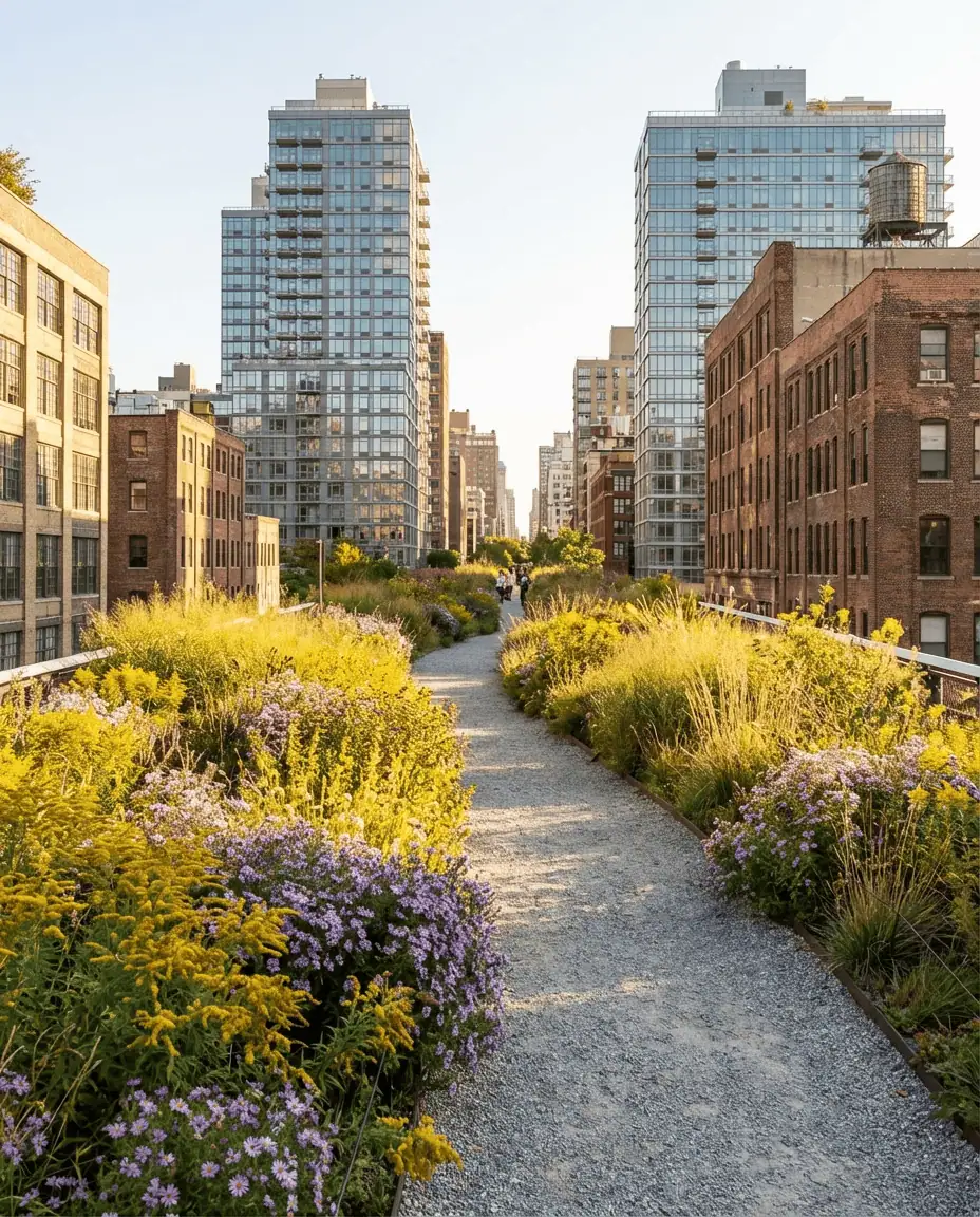 A sunny perspective looking down the High Line park path, lined with wildflowers and grasses, weaving between modern glass buildings and old brick factories